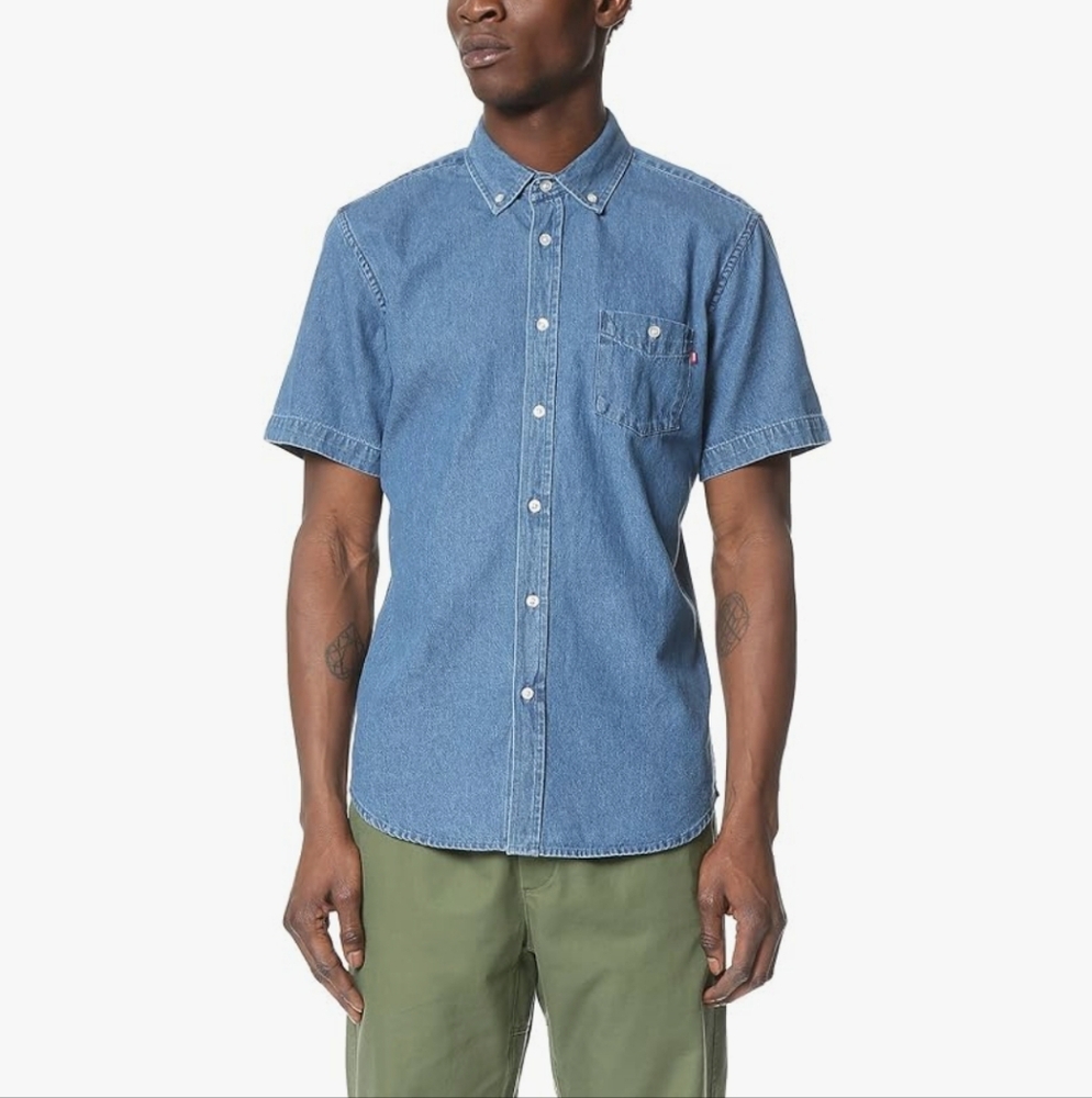 Obey Propaganda Keble Denim Chambray Button Down Shirt Blue Mens Size XL